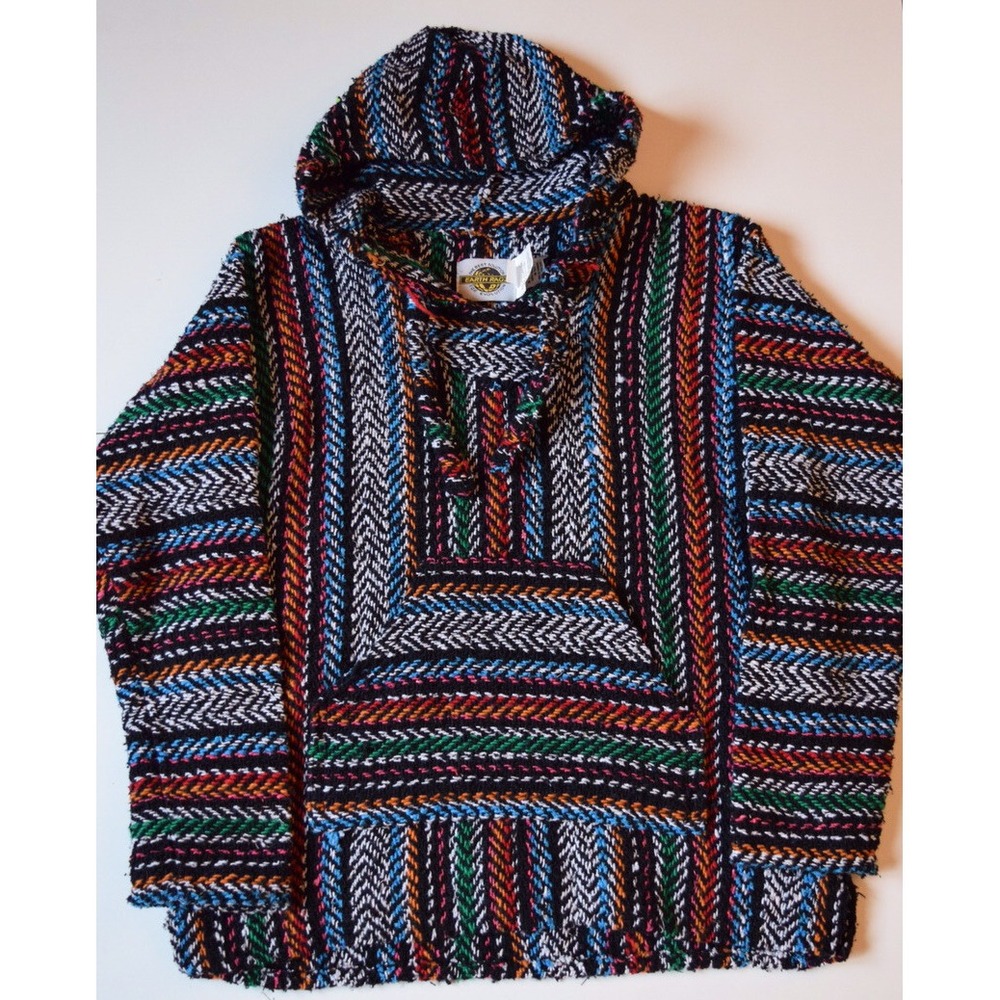Earth Ragz Reggae Hippie Rainbow Baja Hoodie Poncho‎ Striped Size Small EUC